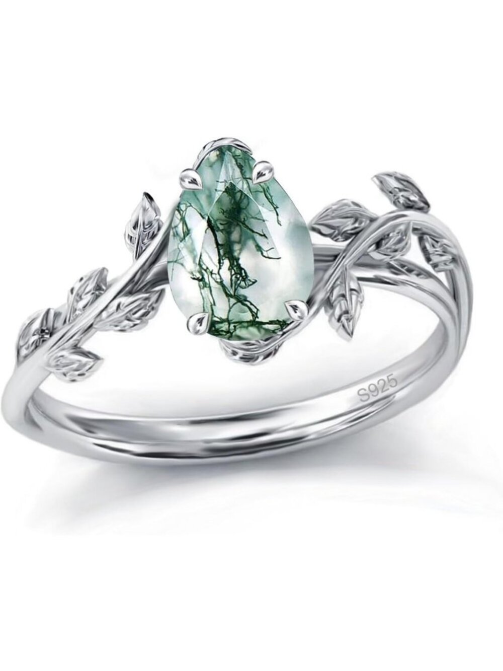 Natural Moss Agate & Opal Birthstone Ring, 925 Sterling Silver Leaf Promise Ring